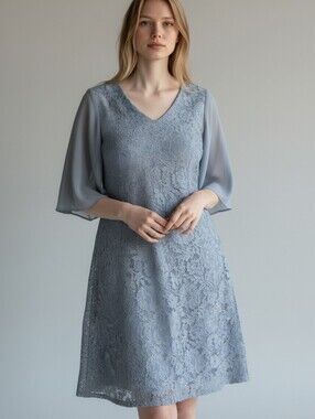 Elegant Light Blue-Gray Lace Midi Dress with Sheer Sleeves